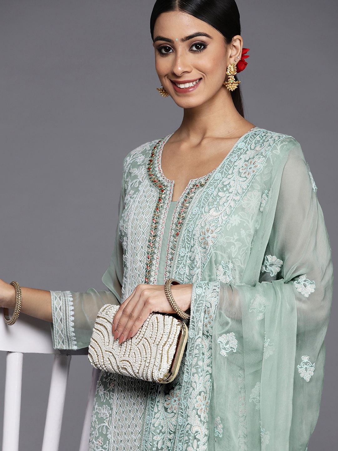 

Libas Women Blue Floral Embroidered Chikankari Kurta with Trousers & With Dupatta