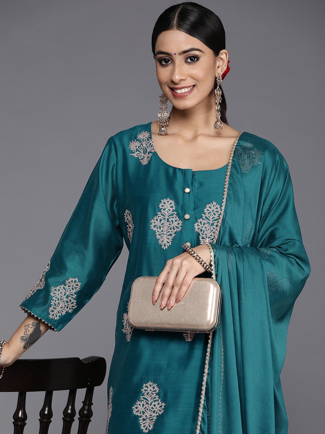 

Libas Women Teal Floral Embroidered Gotta Patti Chanderi Silk Kurta with Sharara & With Dupatta