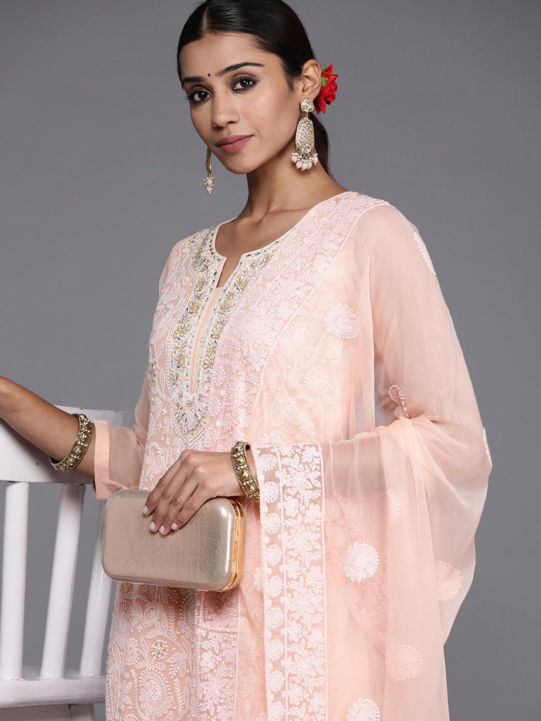 

Libas Women Peach-Coloured Floral Embroidered Chikankari Kurta with Trousers & With Dupatta