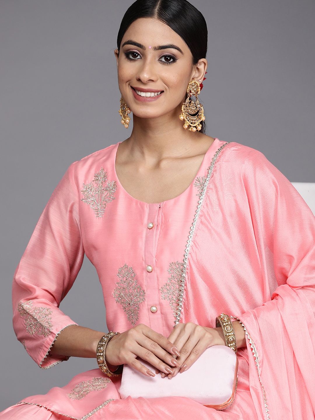 

Libas Women Pink Floral Embroidered Gotta Patti Chanderi Silk Kurta with Sharara & With Dupatta