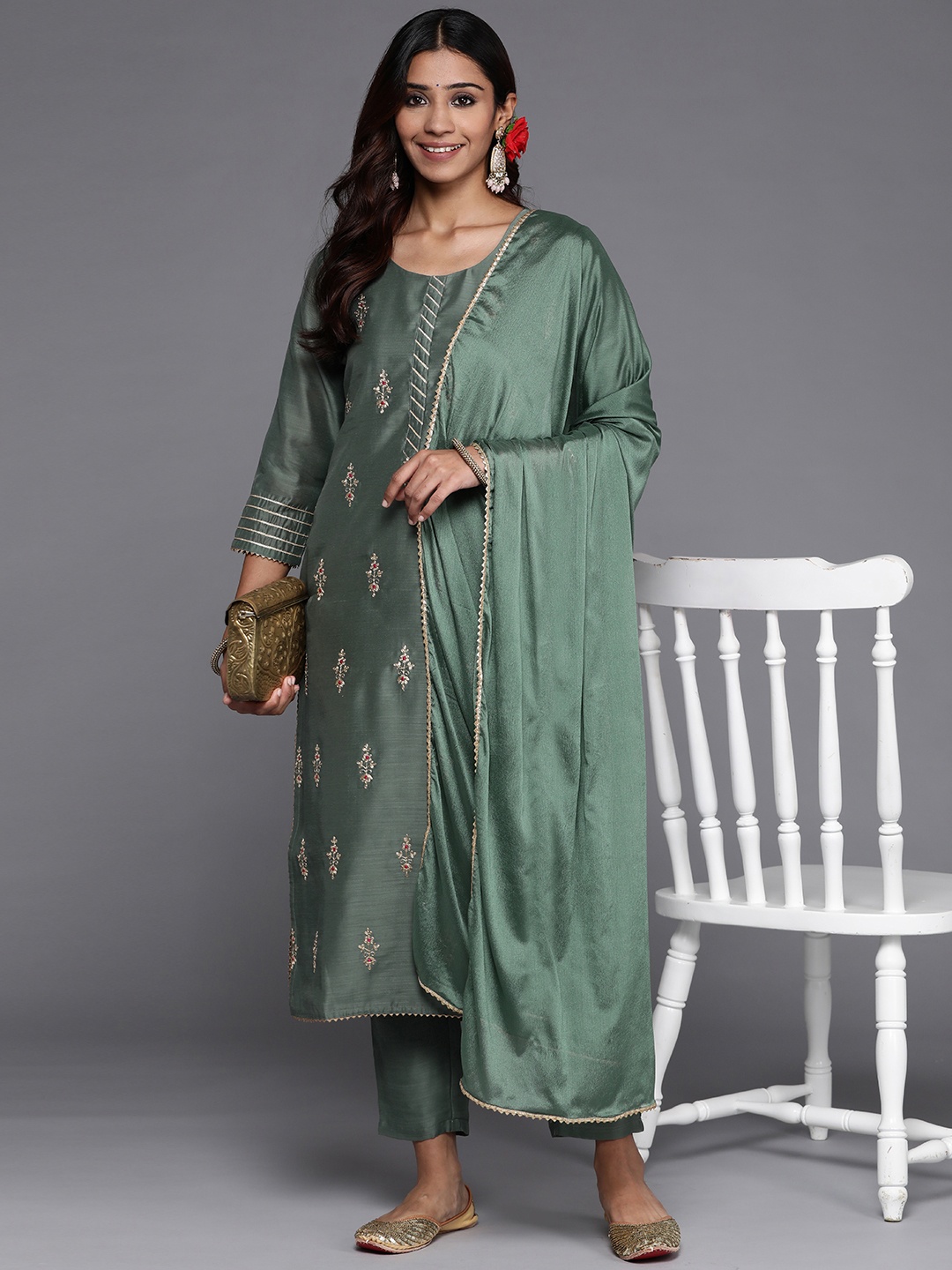 

Libas Women Grey Floral Embroidered Chanderi Silk Kurta with Trousers & Dupatta