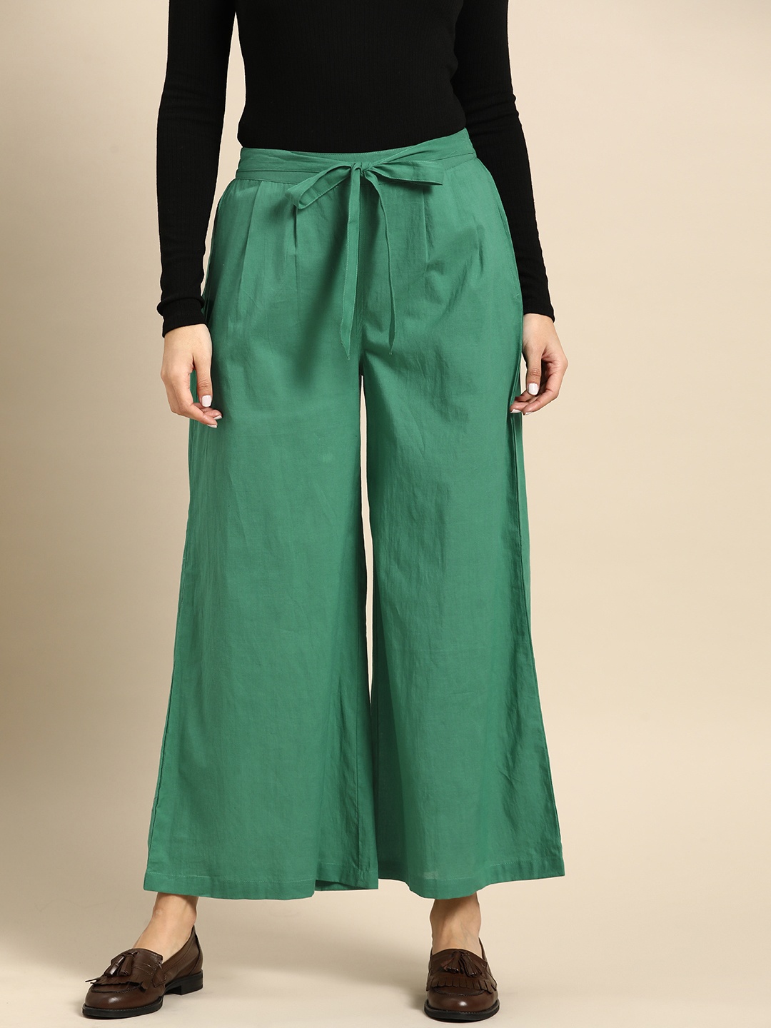 

Sangria Women Pure Cotton Wide Leg Palazzos, Green