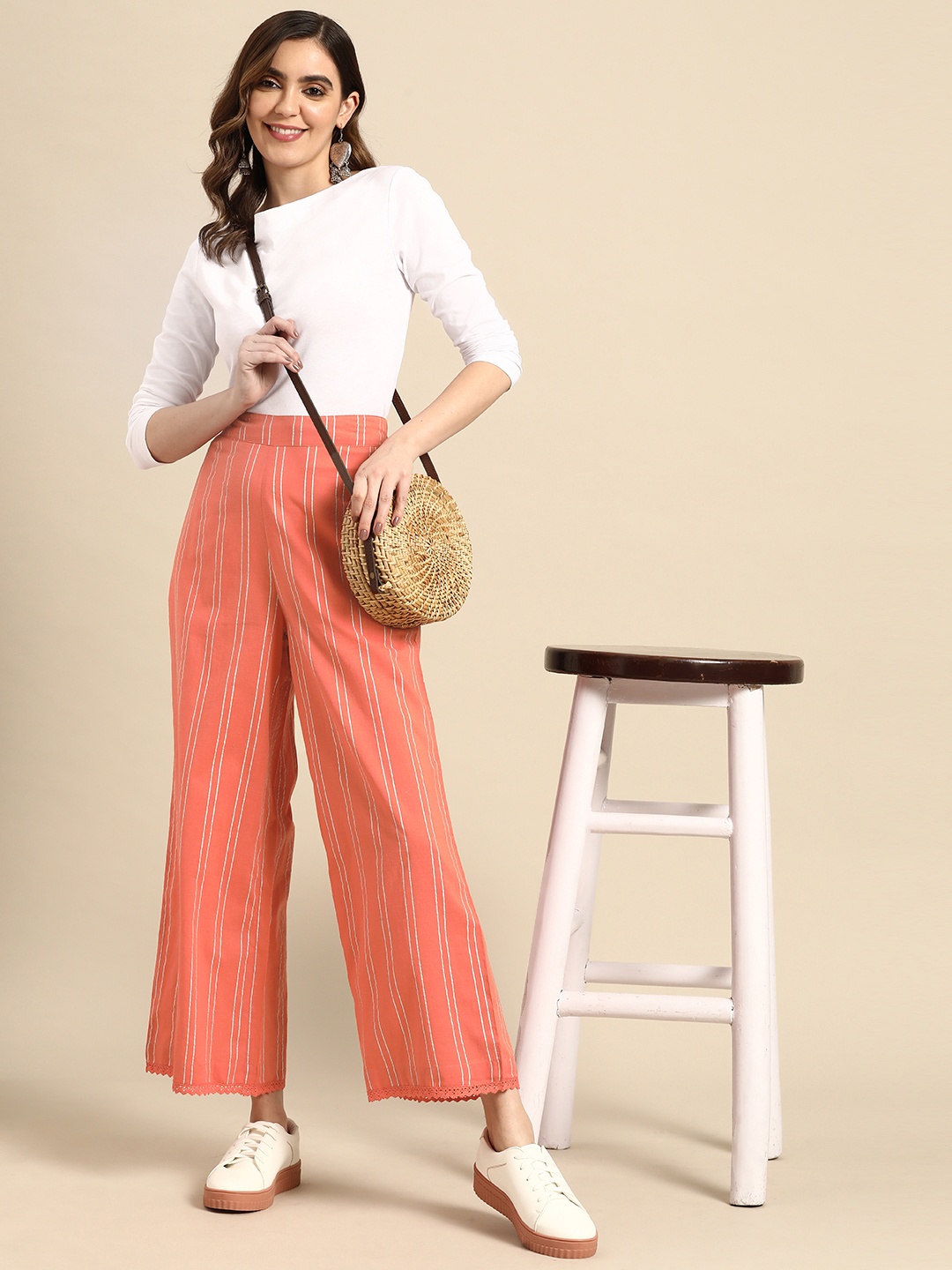 

Sangria Women Pure Cotton Striped High-Rise Parallel Trousers, Coral