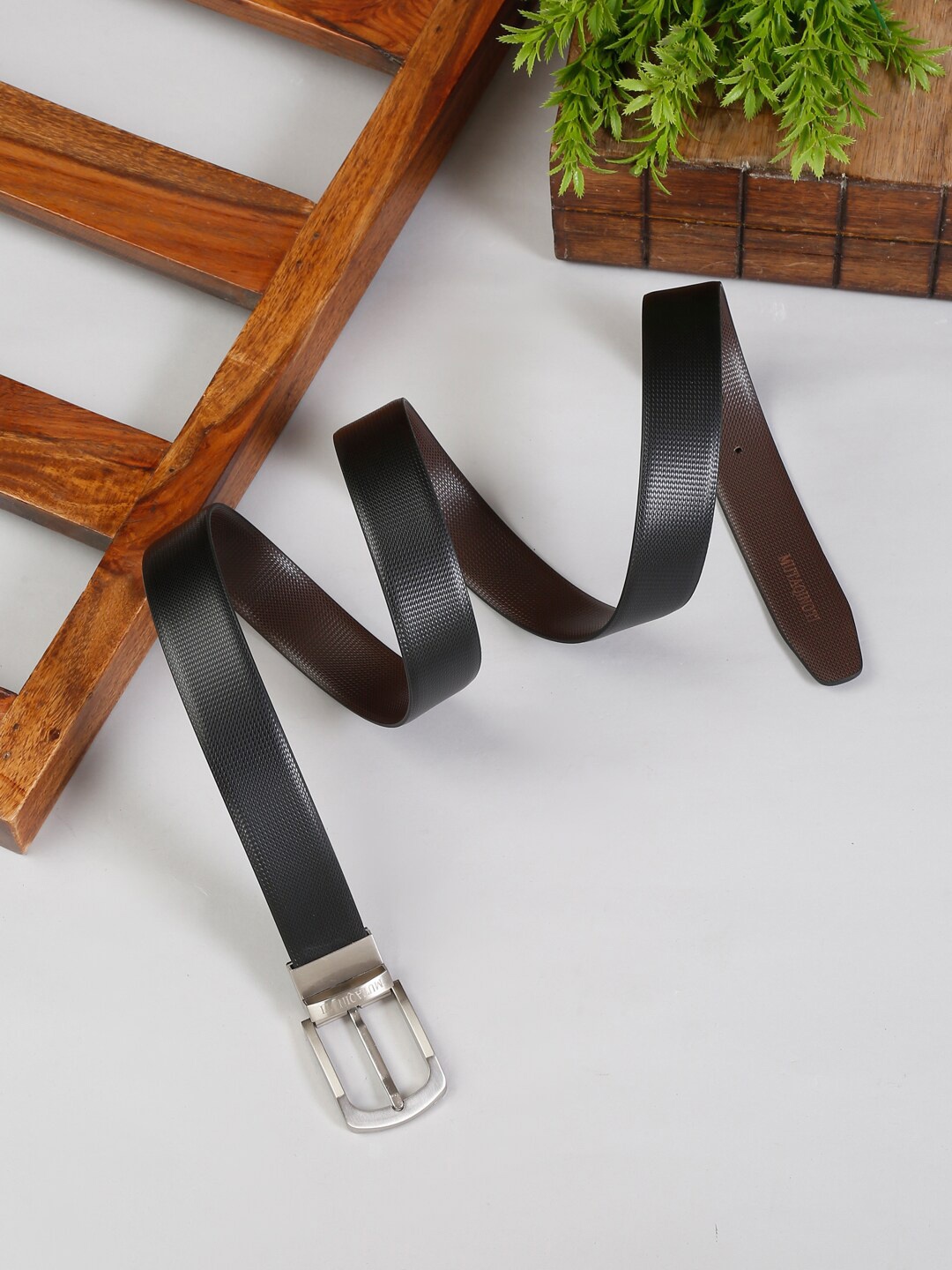 

MUTAQINOTI Men Black & Brown Faux Leather Reversible Formal Belt
