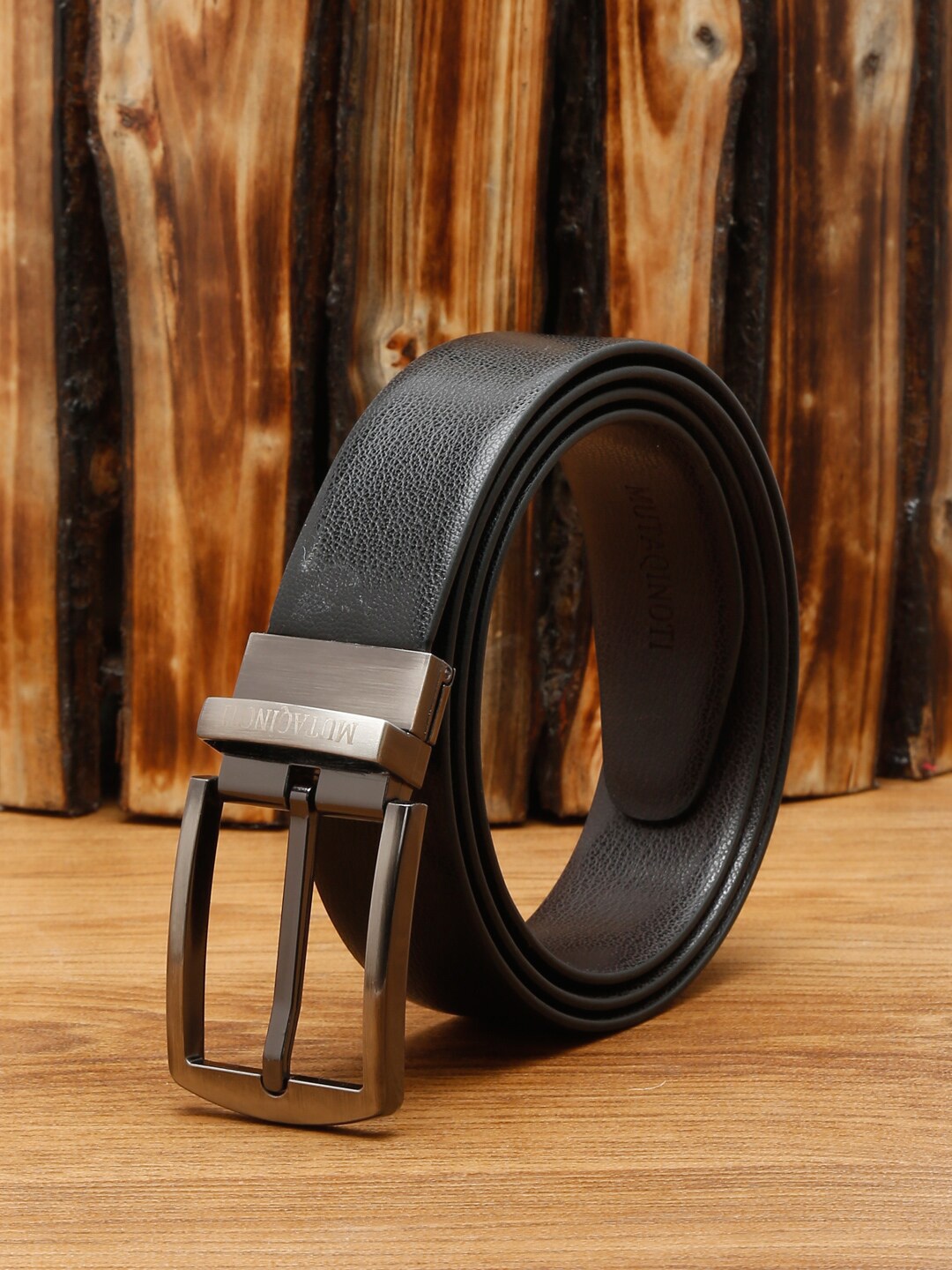 

MUTAQINOTI Men Black & Brown Faux Leather Reversible Formal Belt
