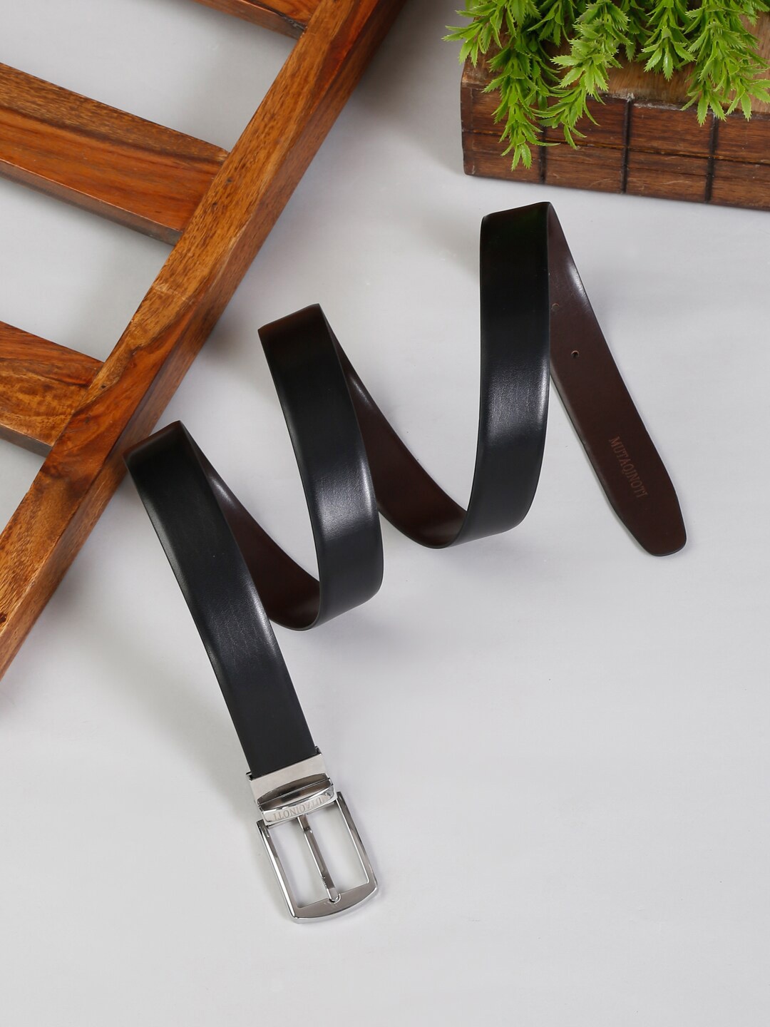 

MUTAQINOTI Men Black & Brown Faux Leather Reversible Formal Belt