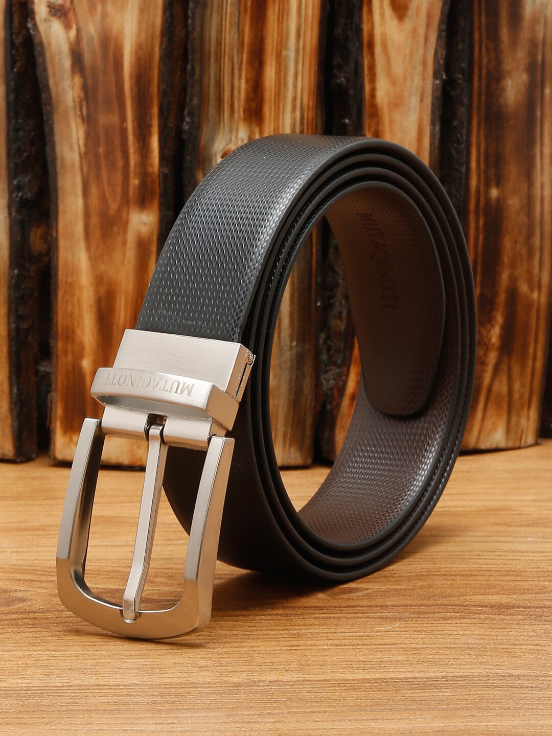

MUTAQINOTI Men Black & Brown Faux Leather Reversible Formal Belt