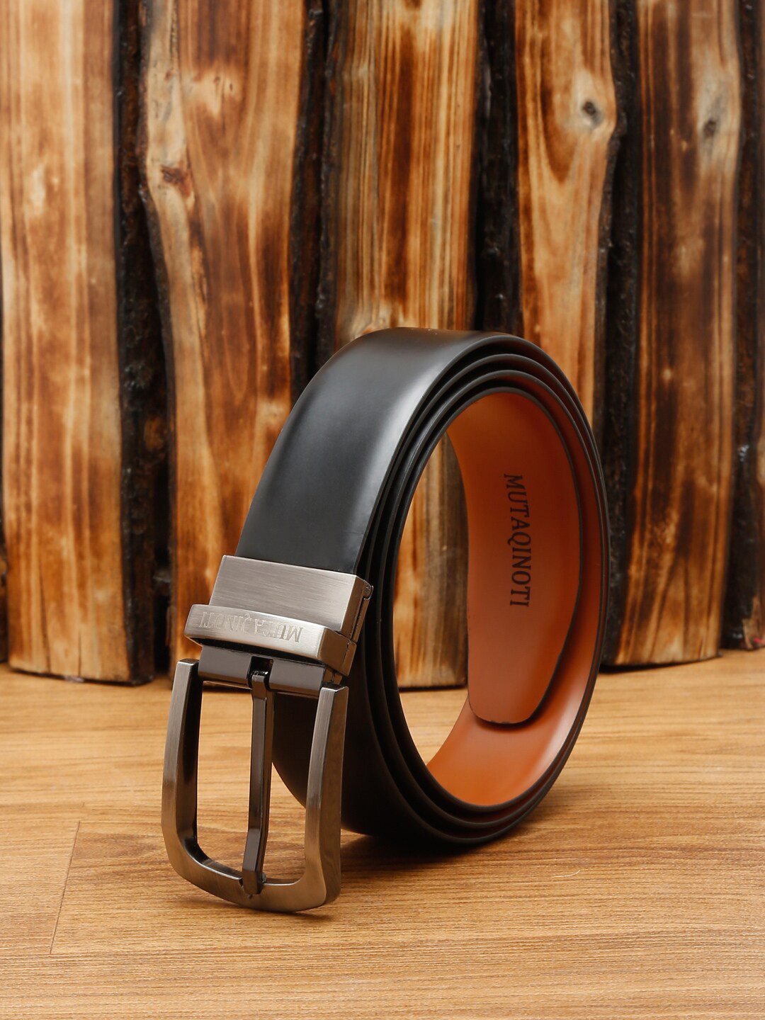 

MUTAQINOTI Men Black & Tan Brown Faux Leather Reversible Formal Belt