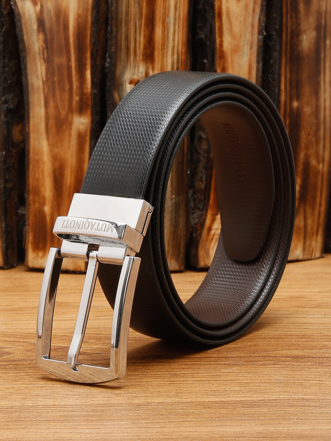 

MUTAQINOTI Men Black Textured Reversible Formal Belt
