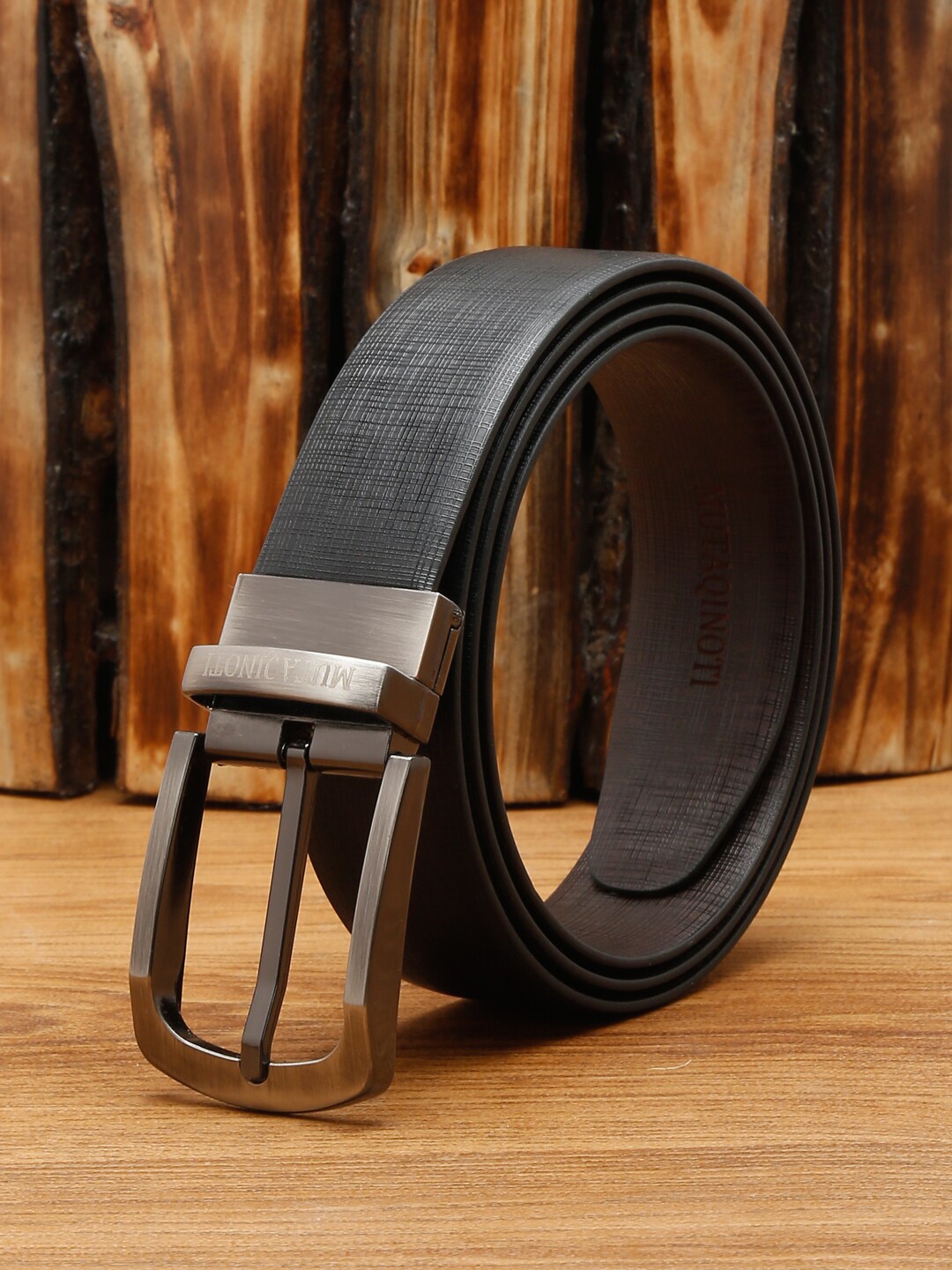 

MUTAQINOTI Men Black Textured Reversible Formal Belt