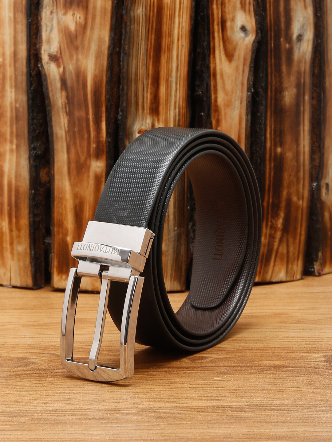 

MUTAQINOTI Men Black Textured Reversible Formal Belt