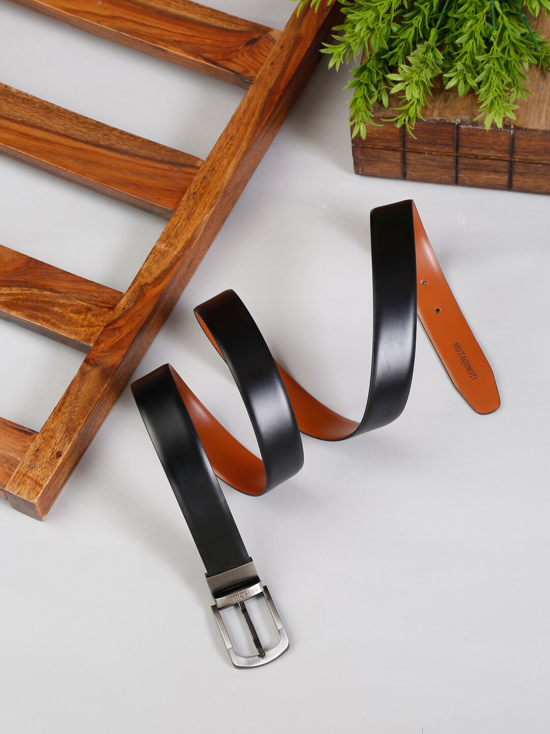 

MUTAQINOTI Men Black & Tan Leather Reversible Formal Belt