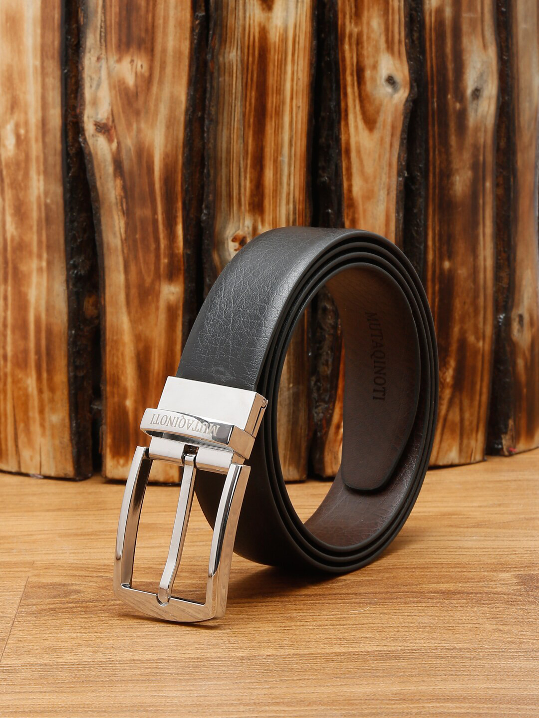 

MUTAQINOTI Men Black & Brown Leather Reversible Formal Belt