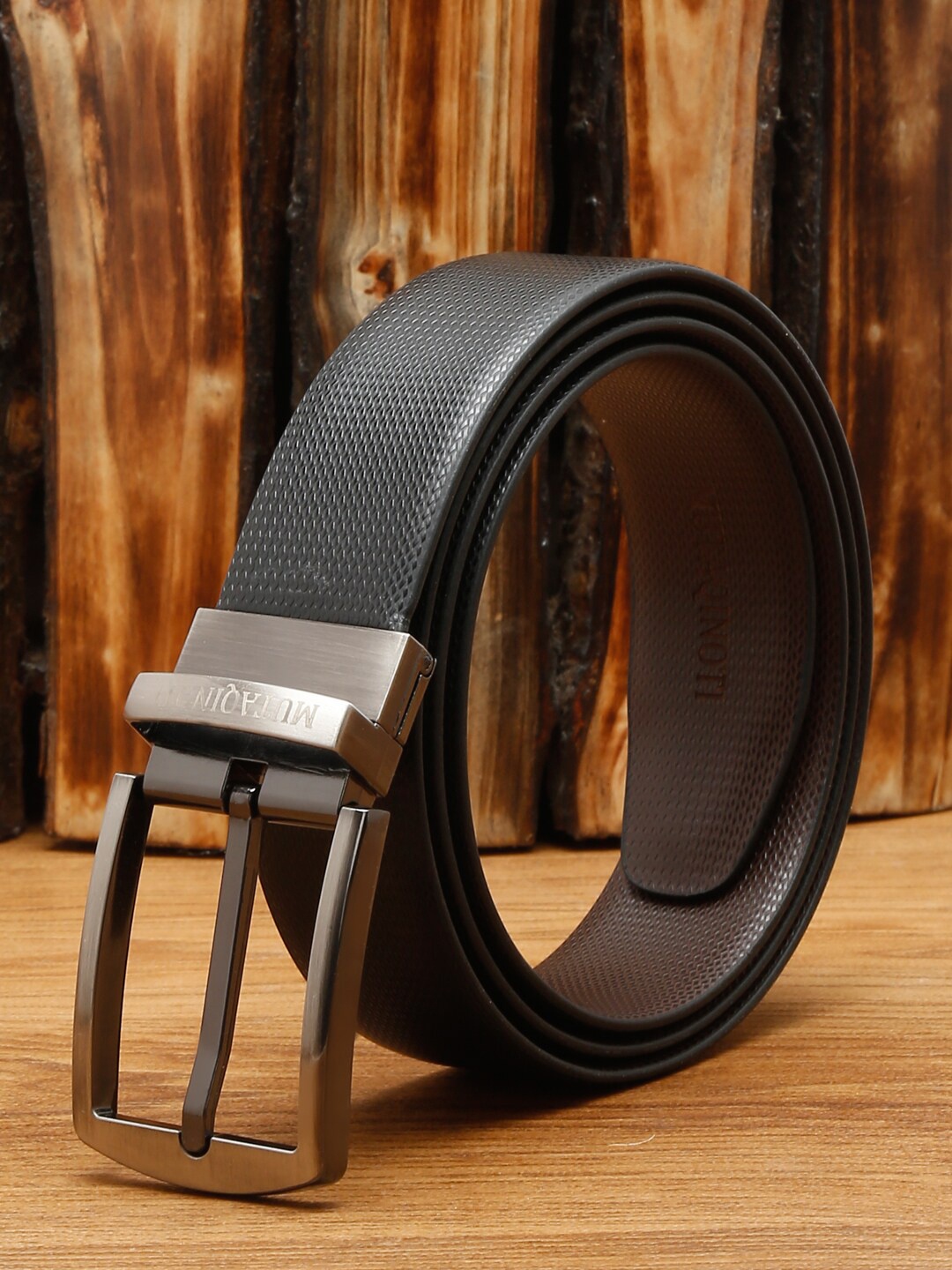 

MUTAQINOTI Men Black & Brown Textured Leather Reversible Formal Belt