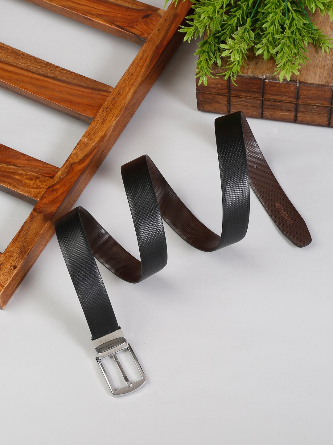 

MUTAQINOTI Men Black & Brown Textured Leather Reversible Formal Belt