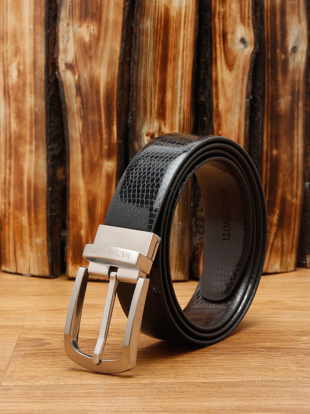 

MUTAQINOTI Men Black Textured PU Formal Belt