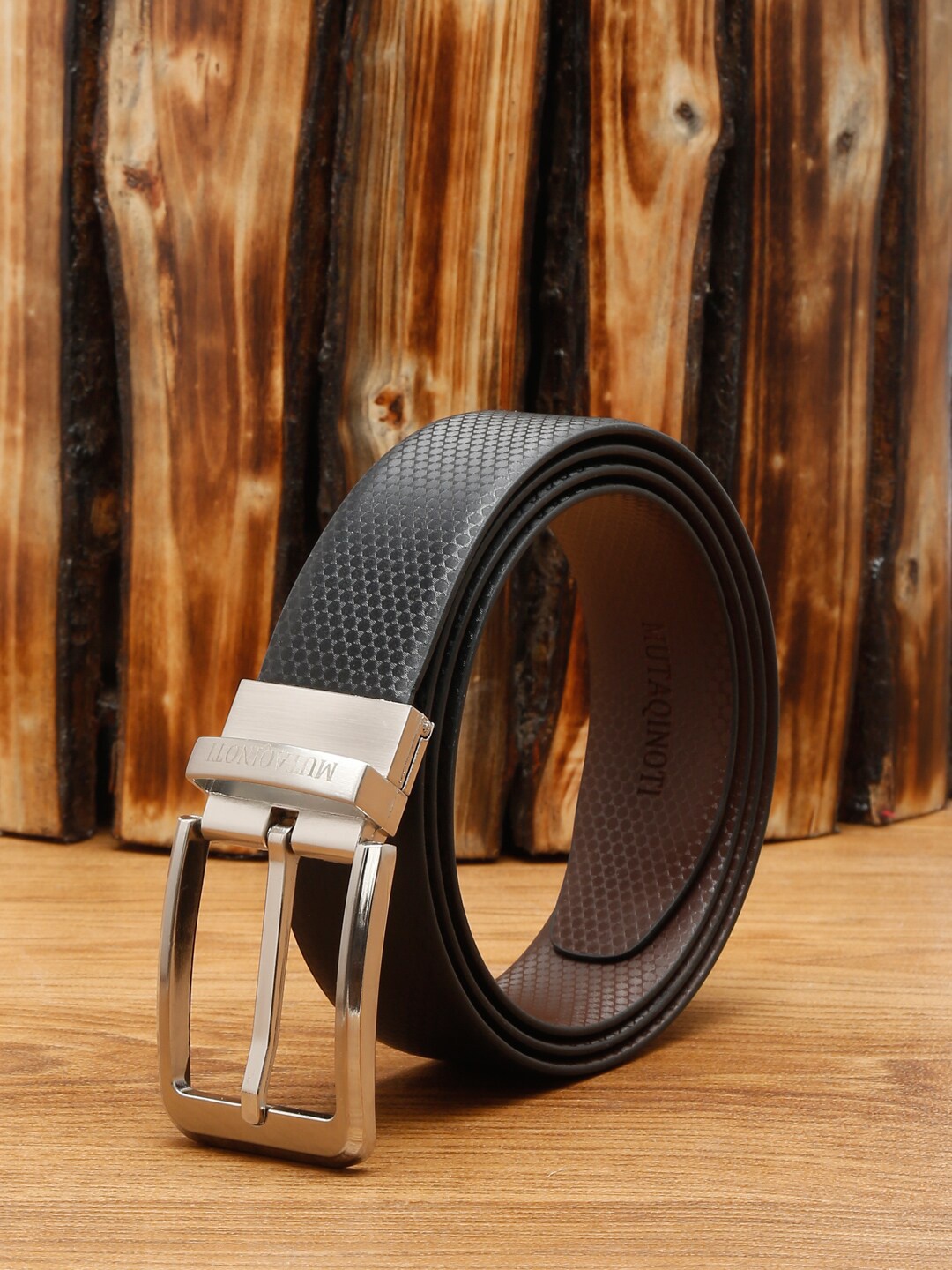 

MUTAQINOTI Men Black Textured PU Formal Belt