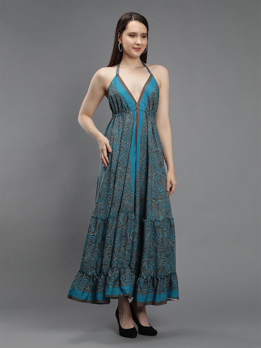 

Aditi Wasan Turquoise Blue & Brown Floral Halter Neck Jacquard A-Line Maxi Beach Dress