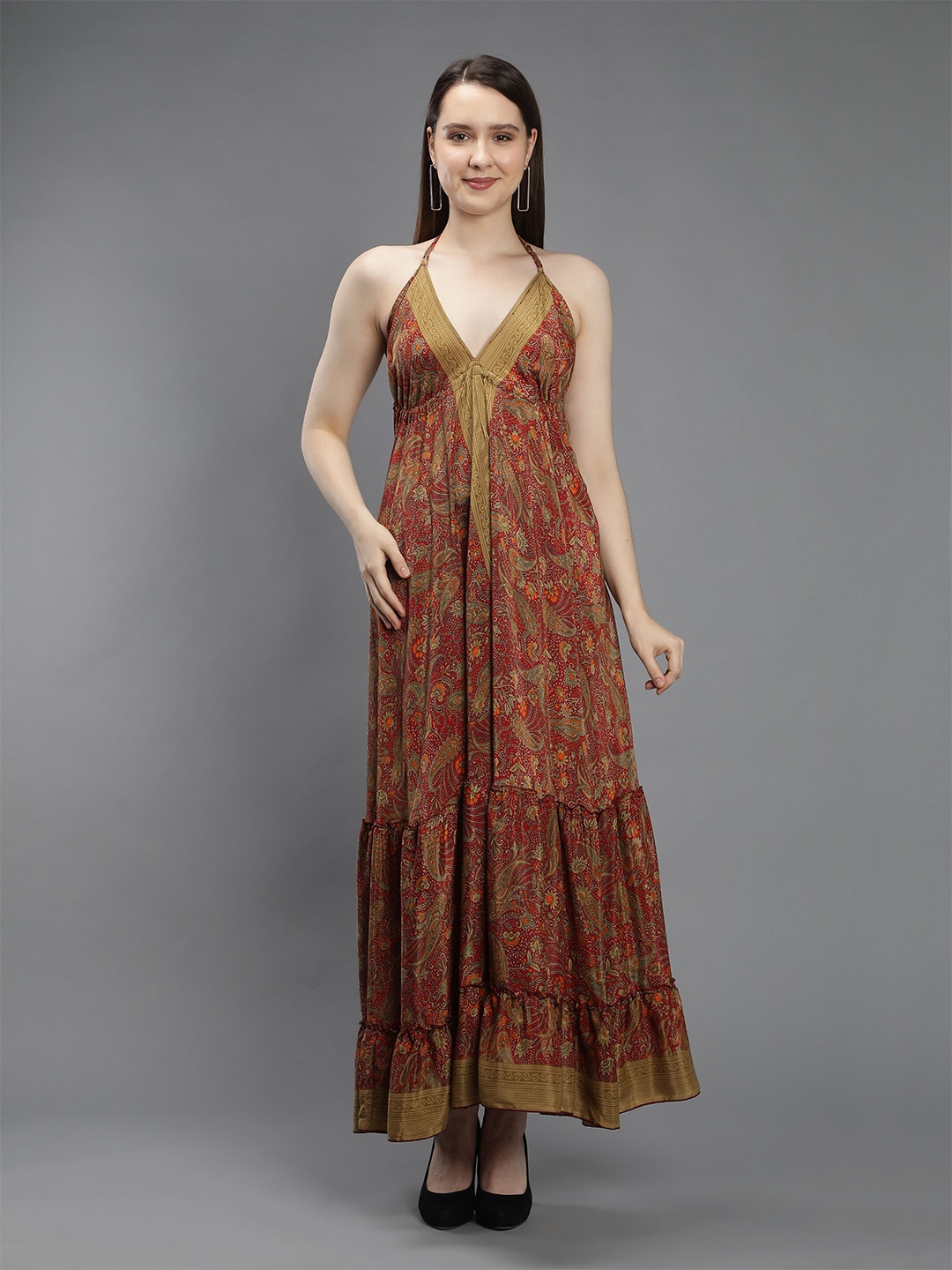 

Aditi Wasan Maroon & Mustard Yellow Printed Halter Neck Tiered Maxi Beach Dress