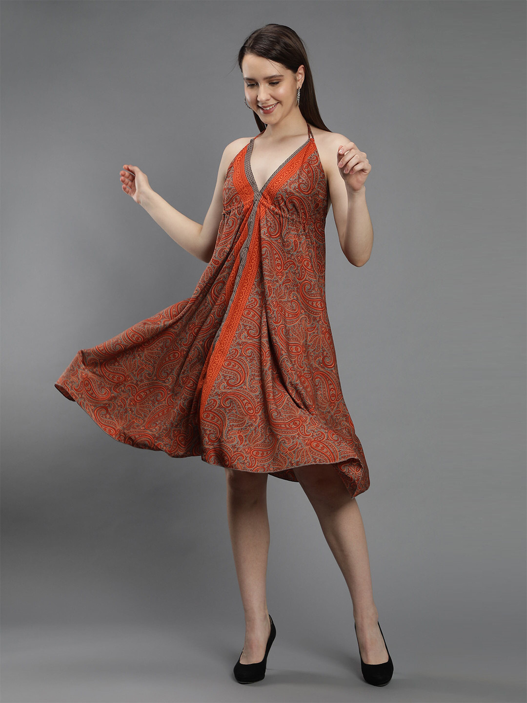

Aditi Wasan Orange & Grey Printed Halter Neck Jacquard A-Line Beach Dress