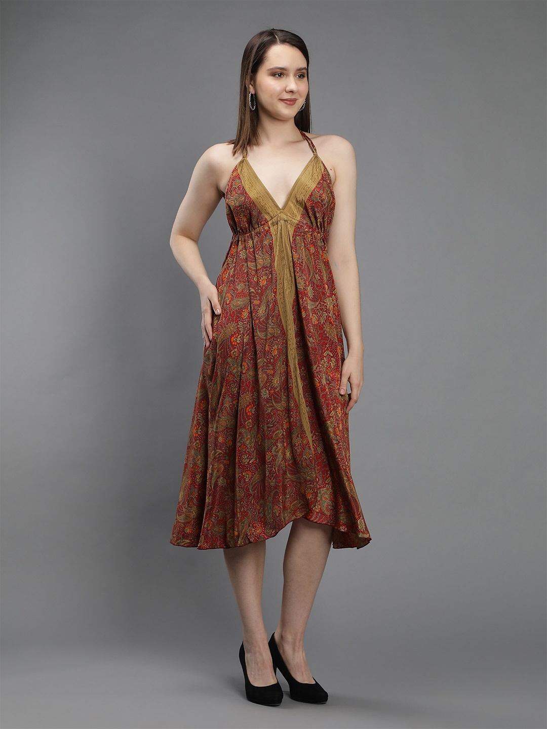

Aditi Wasan Maroon & Mustard Yellow Printed Jacquard A-Line Midi Dress