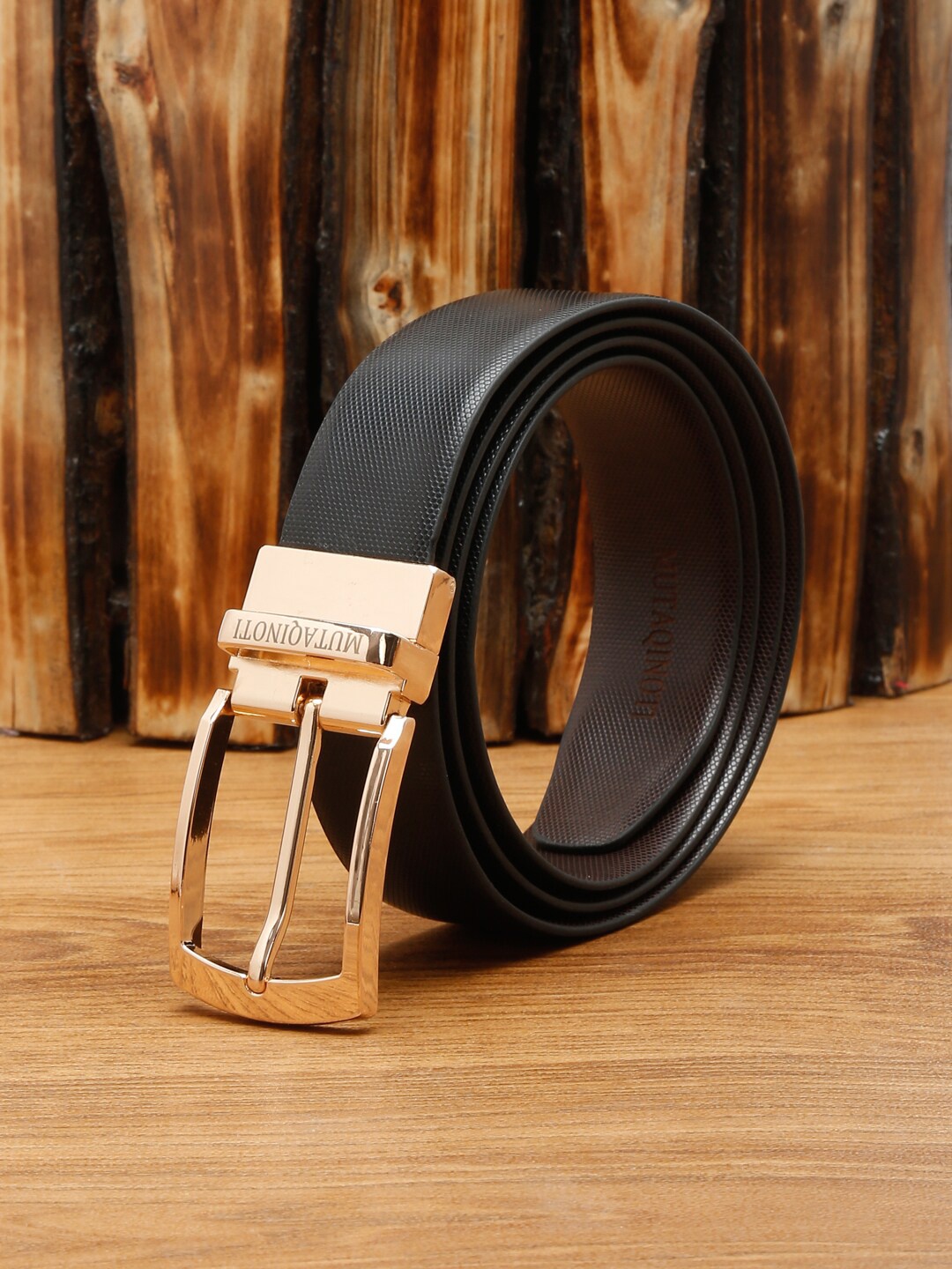 

MUTAQINOTI Men Black & Brown Textured Reversible Formal Belt