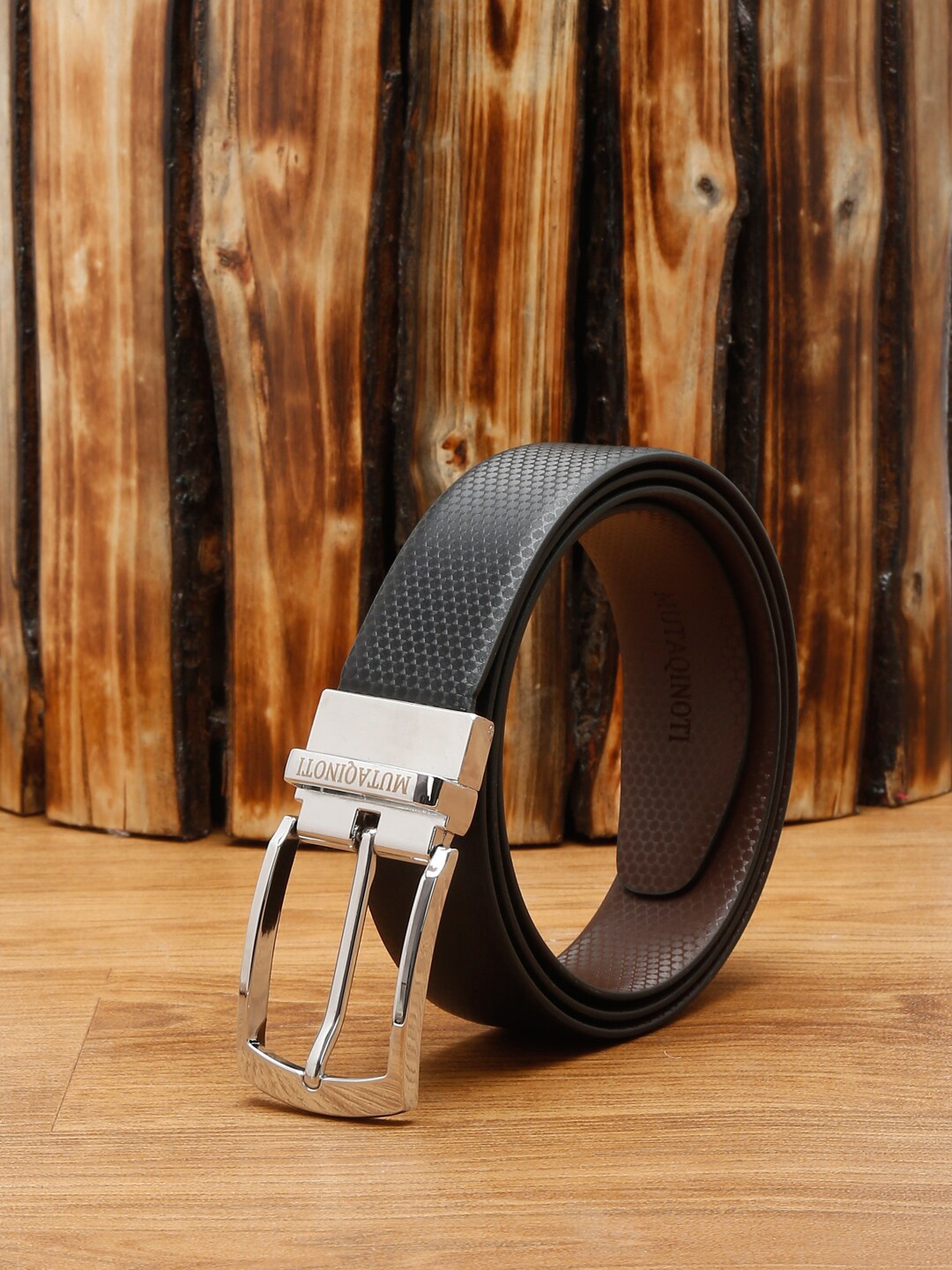 

MUTAQINOTI Men Black & Brown Textured Reversible Formal Belt