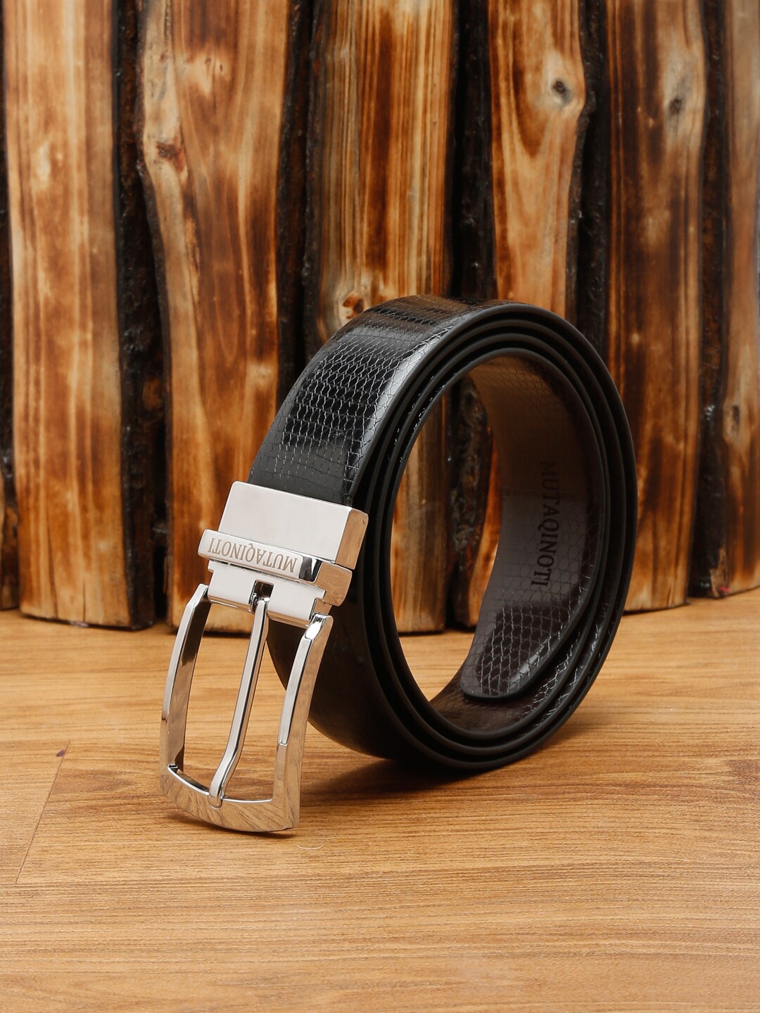 

MUTAQINOTI Men Black & Brown Textured Reversible Formal Belt