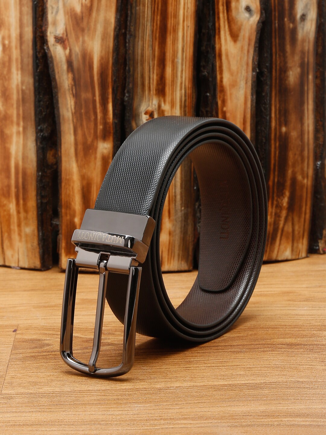 

MUTAQINOTI Men Black & Brown Textured Reversible Formal Belt