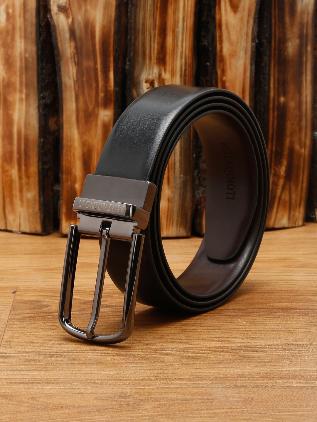 

MUTAQINOTI Men Black & Brown Leather Reversible Formal Belt