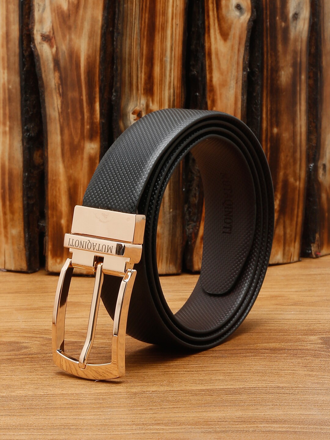 

MUTAQINOTI Men Black & Brown Textured Leather Reversible Formal Belt