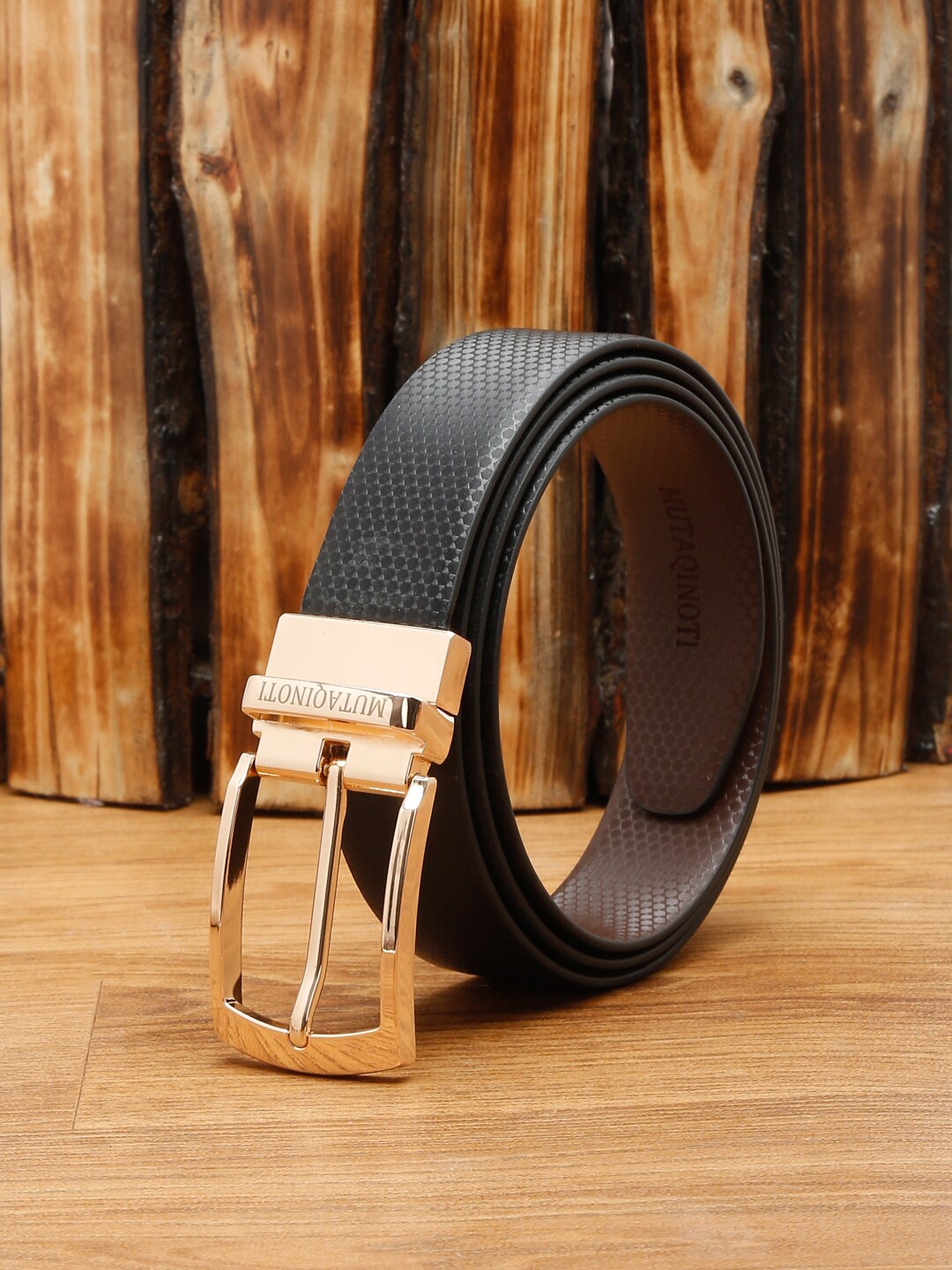 

MUTAQINOTI Men Black & Brown Leather Reversible Formal Belt