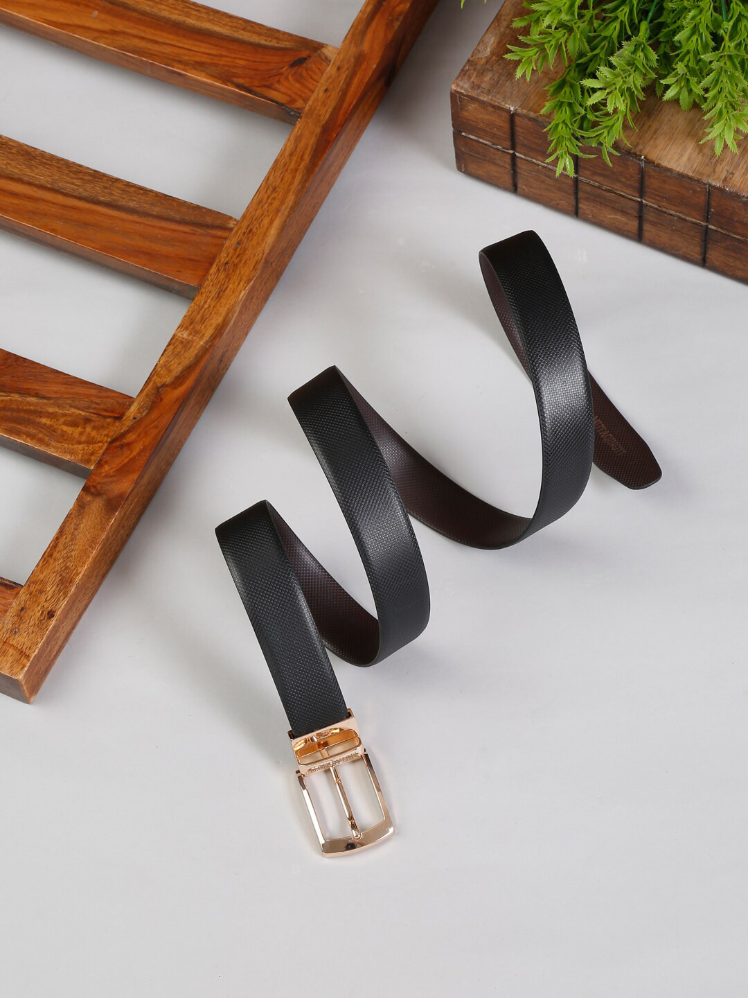 

MUTAQINOTI Men Black & Brown Leather Reversible Formal Belt