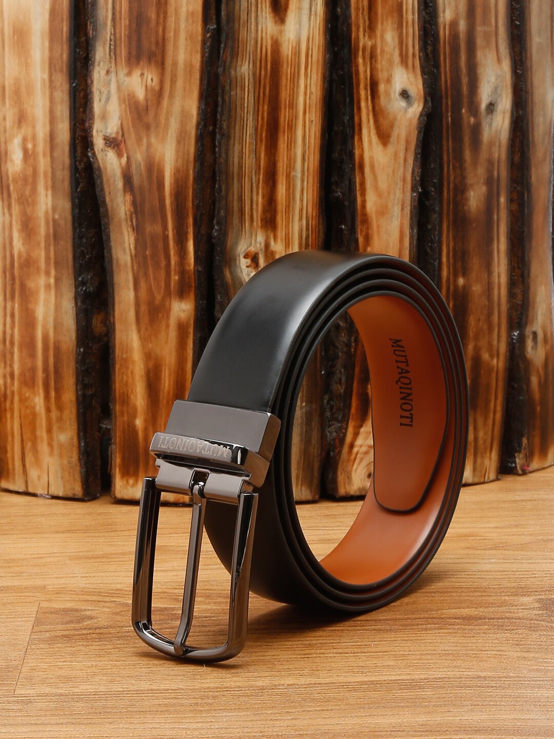 

MUTAQINOTI Men Black & Brown Leather Reversible Formal Belt