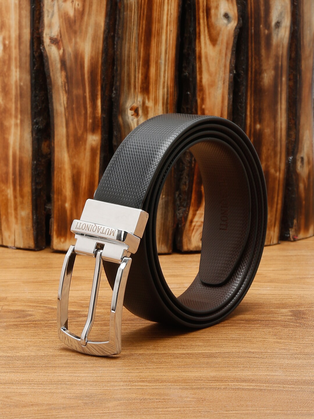 

MUTAQINOTI Men Black & Brown Leather Reversible Formal Belt