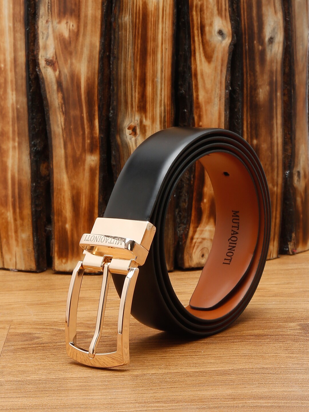 

MUTAQINOTI Men Black & Tan Leather Reversible Formal Belt