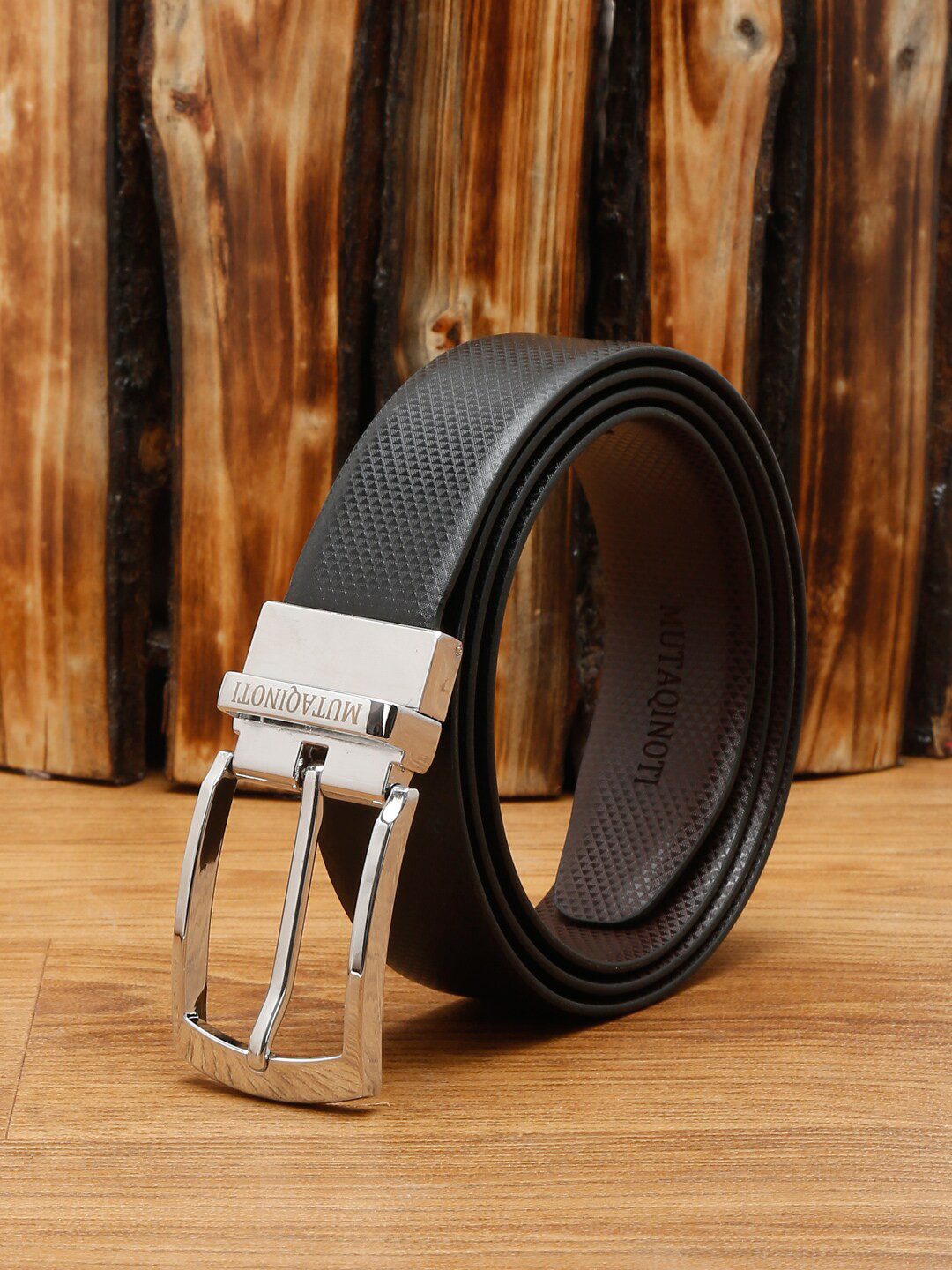 

MUTAQINOTI Men Black Textured PU Formal Belt