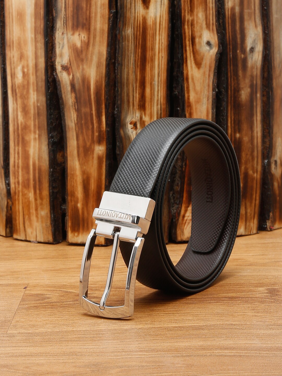 

MUTAQINOTI Men Black Textured PU Formal Belt