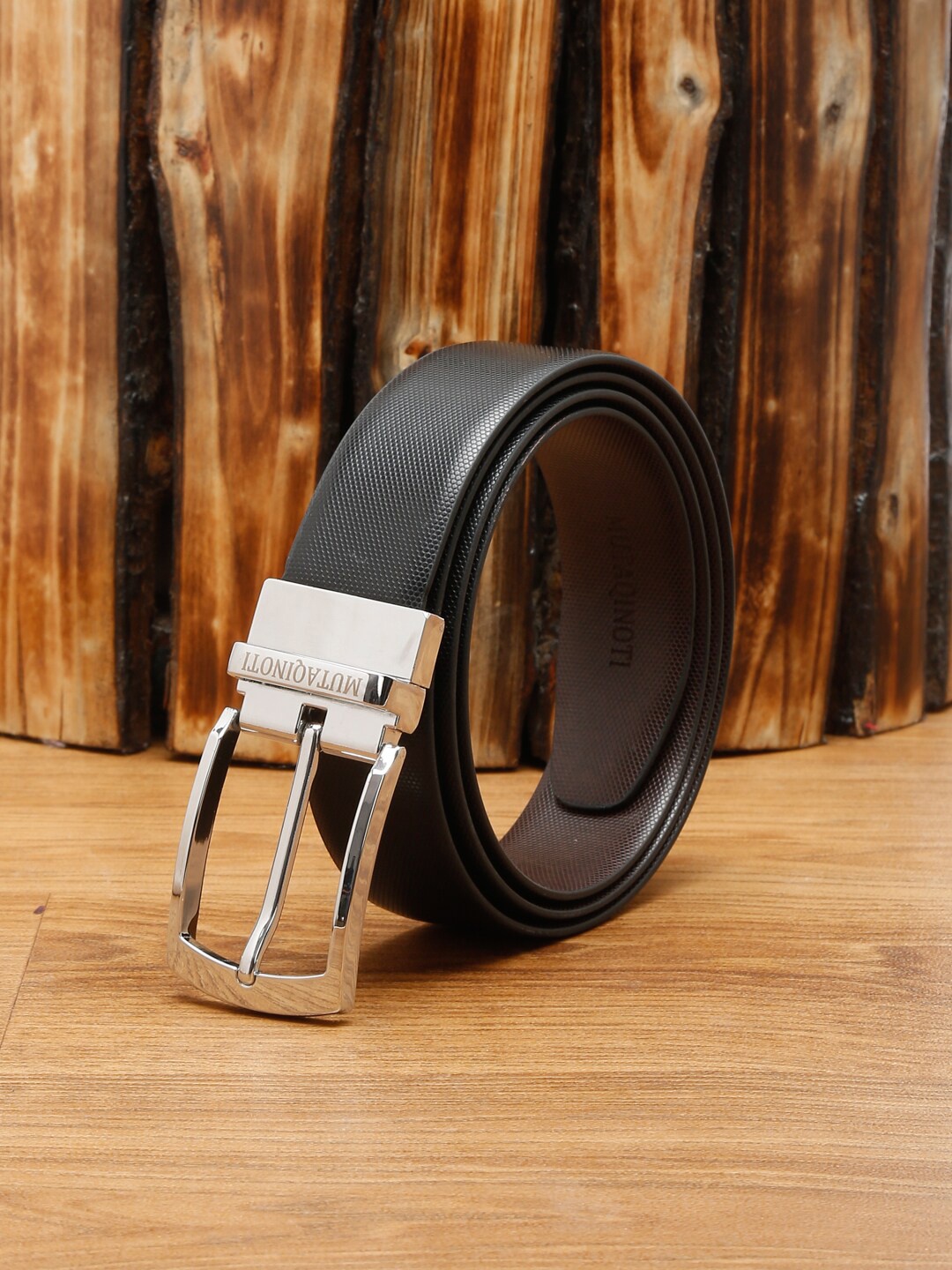 

MUTAQINOTI Men Black Textured PU Formal Belt