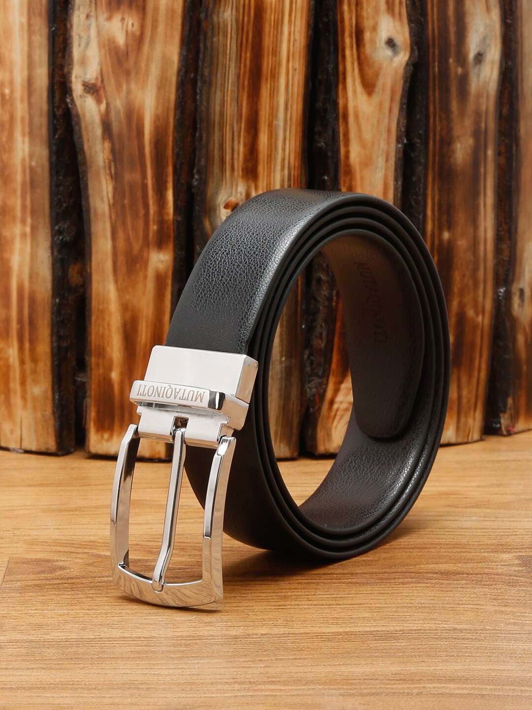 

MUTAQINOTI Men Black Textured PU Formal Belt