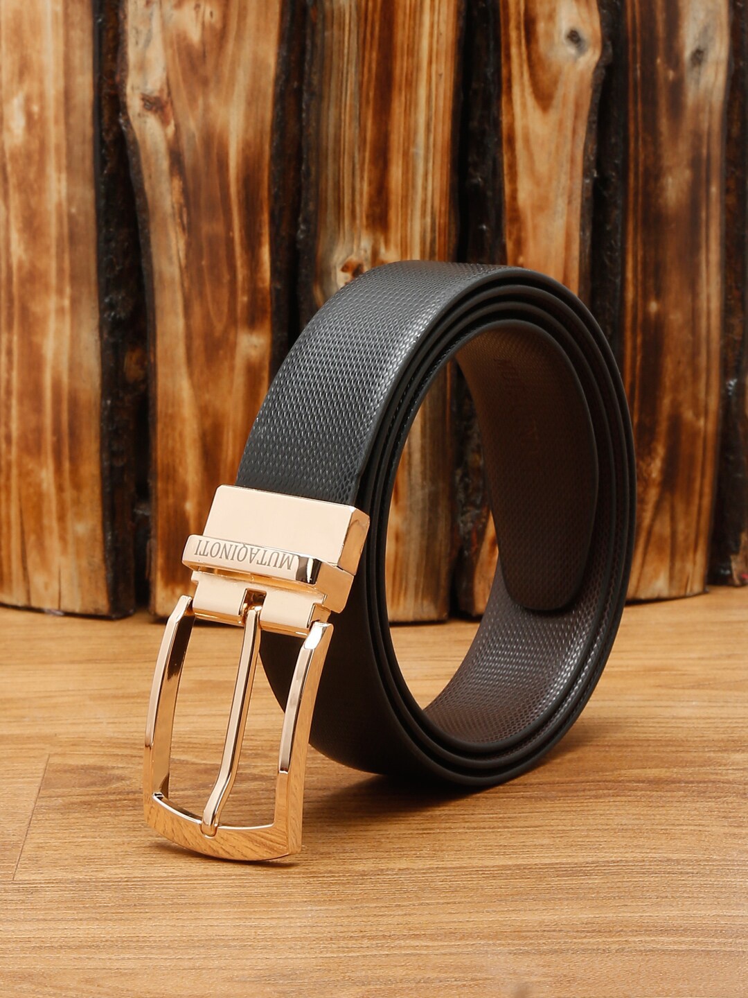 

MUTAQINOTI Men Black Textured PU Formal Belt