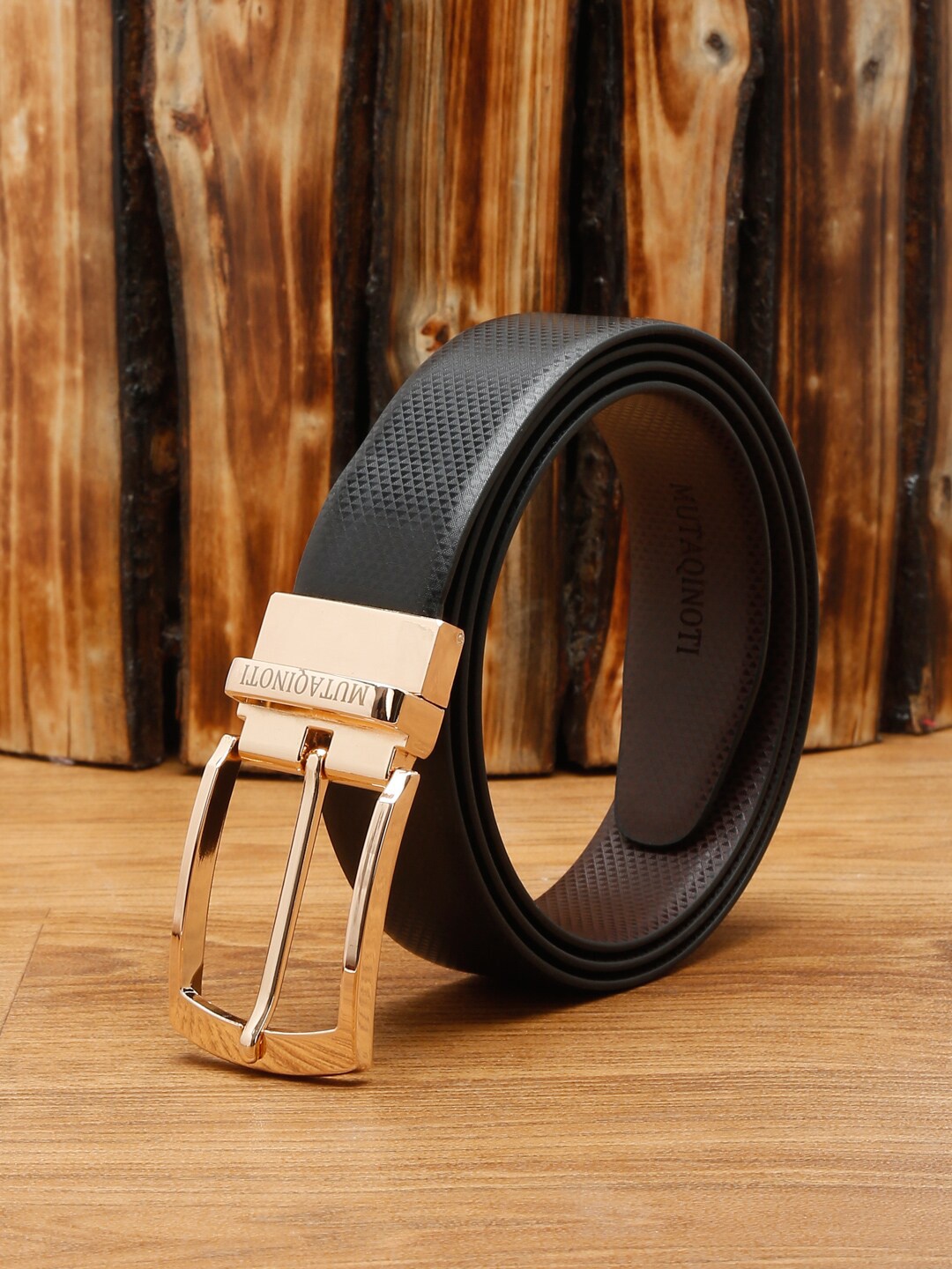 

MUTAQINOTI Men Black Textured PU Formal Belt