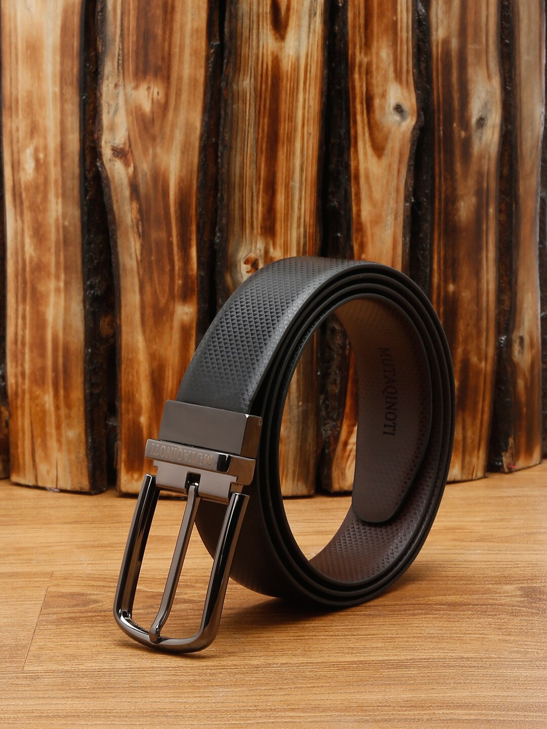 

MUTAQINOTI Men Black Textured PU Formal Belt