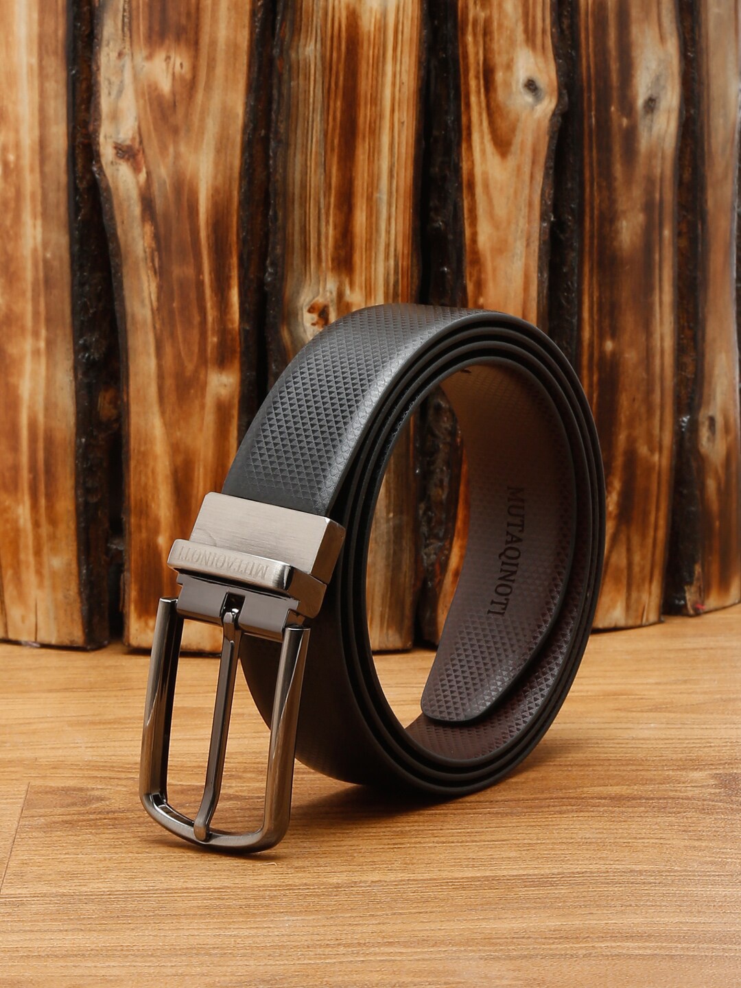 

MUTAQINOTI Men Black Textured PU Formal Belt