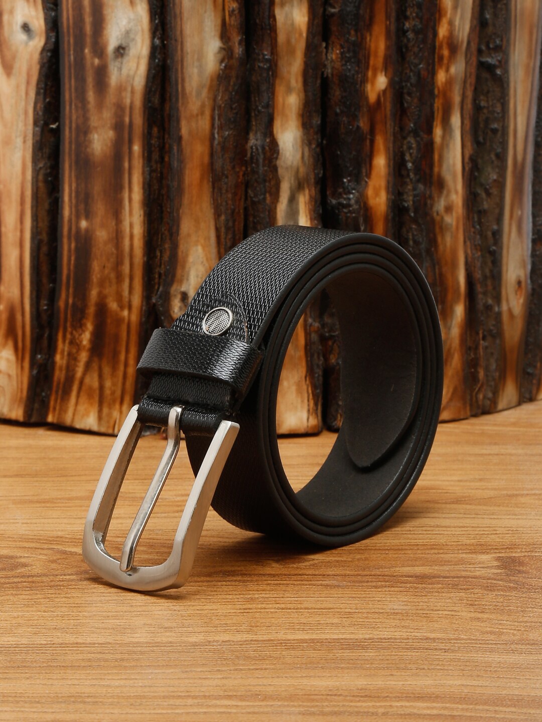 

MUTAQINOTI Men Black Textured Leather Formal Belt