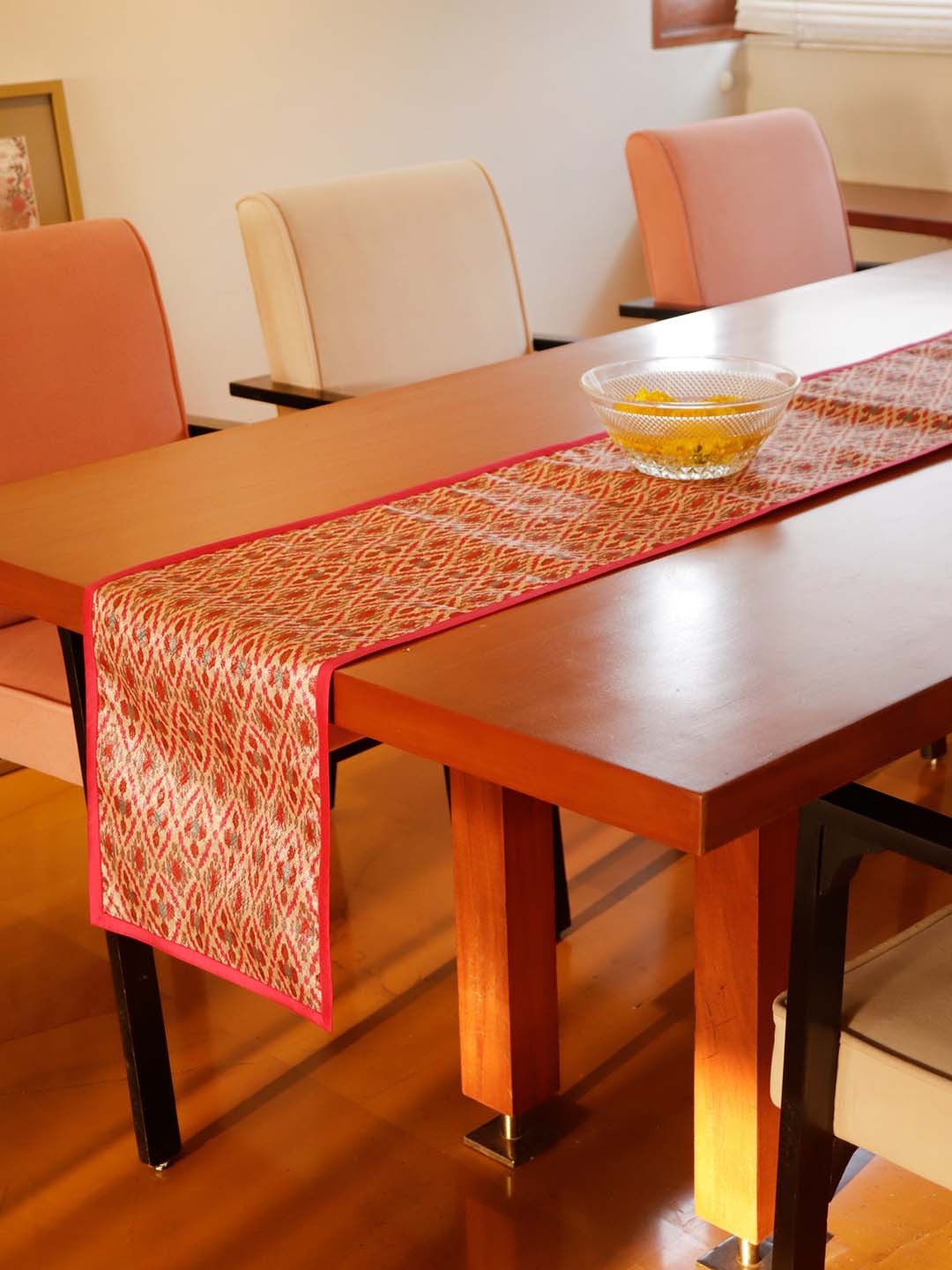 

ZEBA Red & Beige Printed Silk Blend Rectangular Table Runner