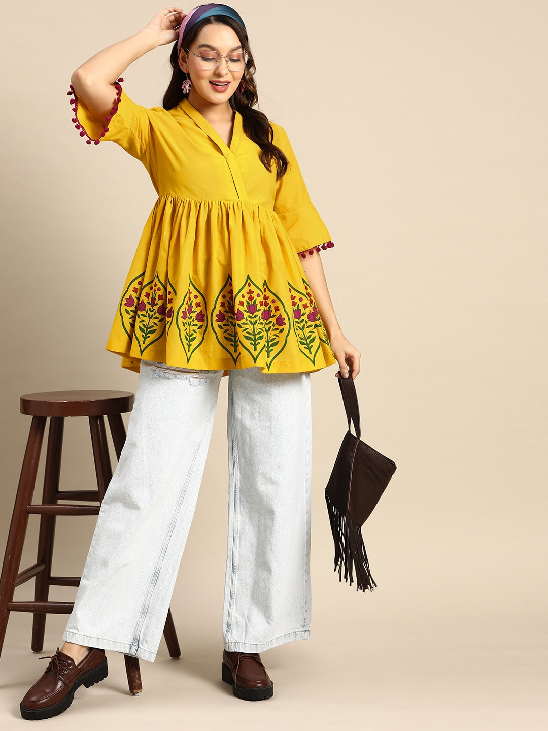 

Sangria Pure Cotton Floral Print Pom-Pom Sleeves Wrap Top, Mustard