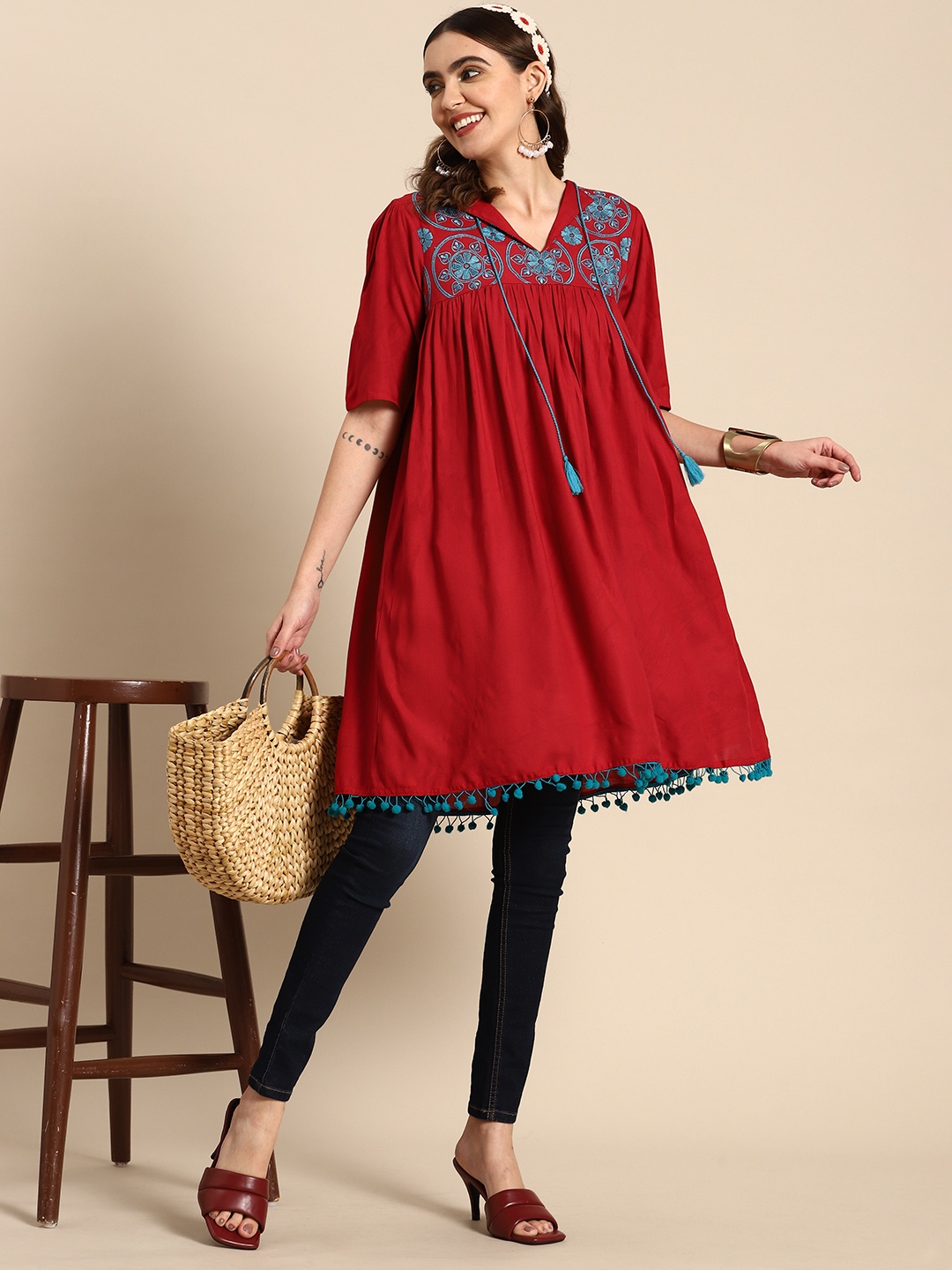 

Sangria Floral Embroidered Tunic, Red