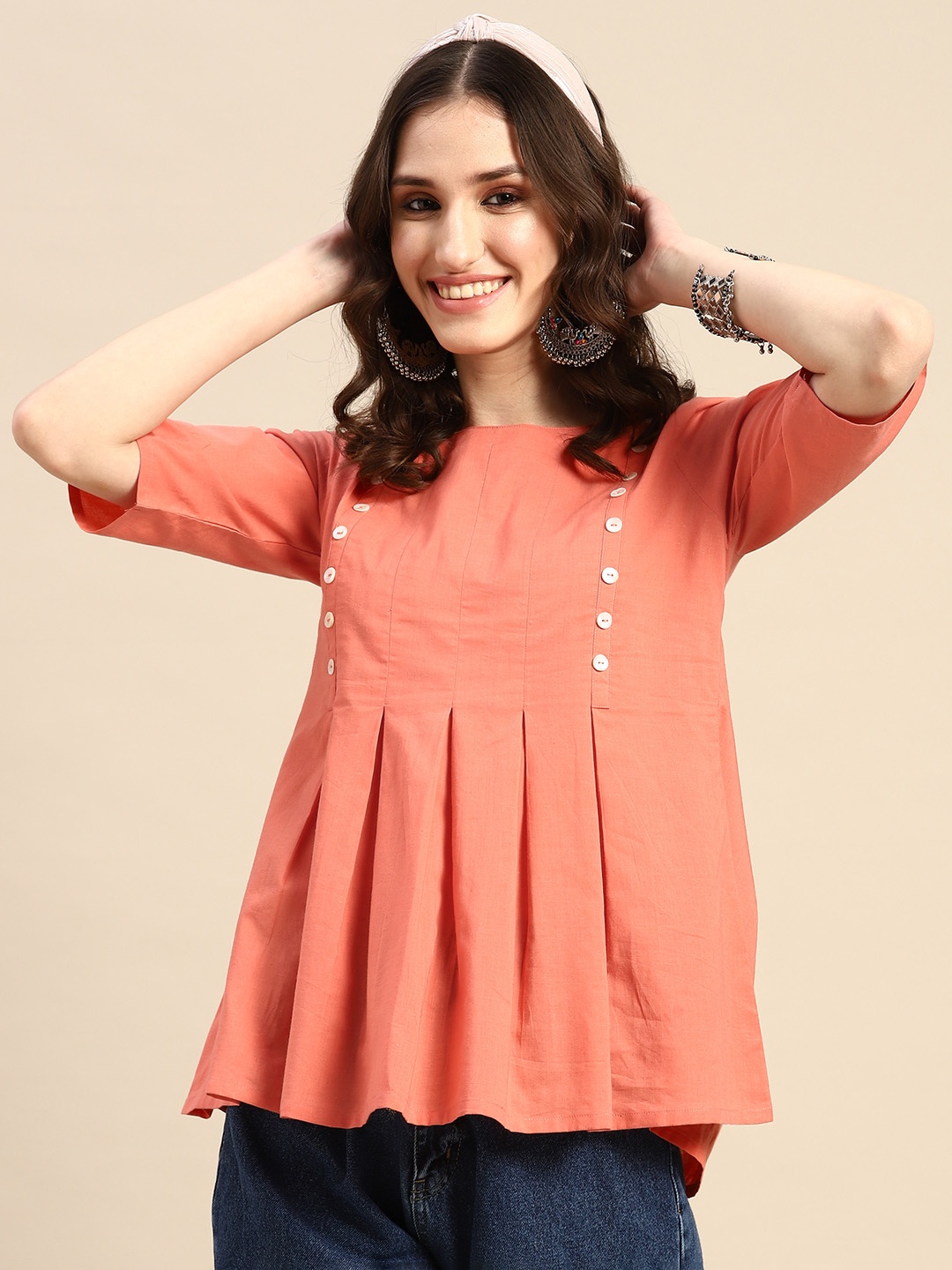 

Sangria Pure Cotton Pleated Detailed A-Line Top, Coral