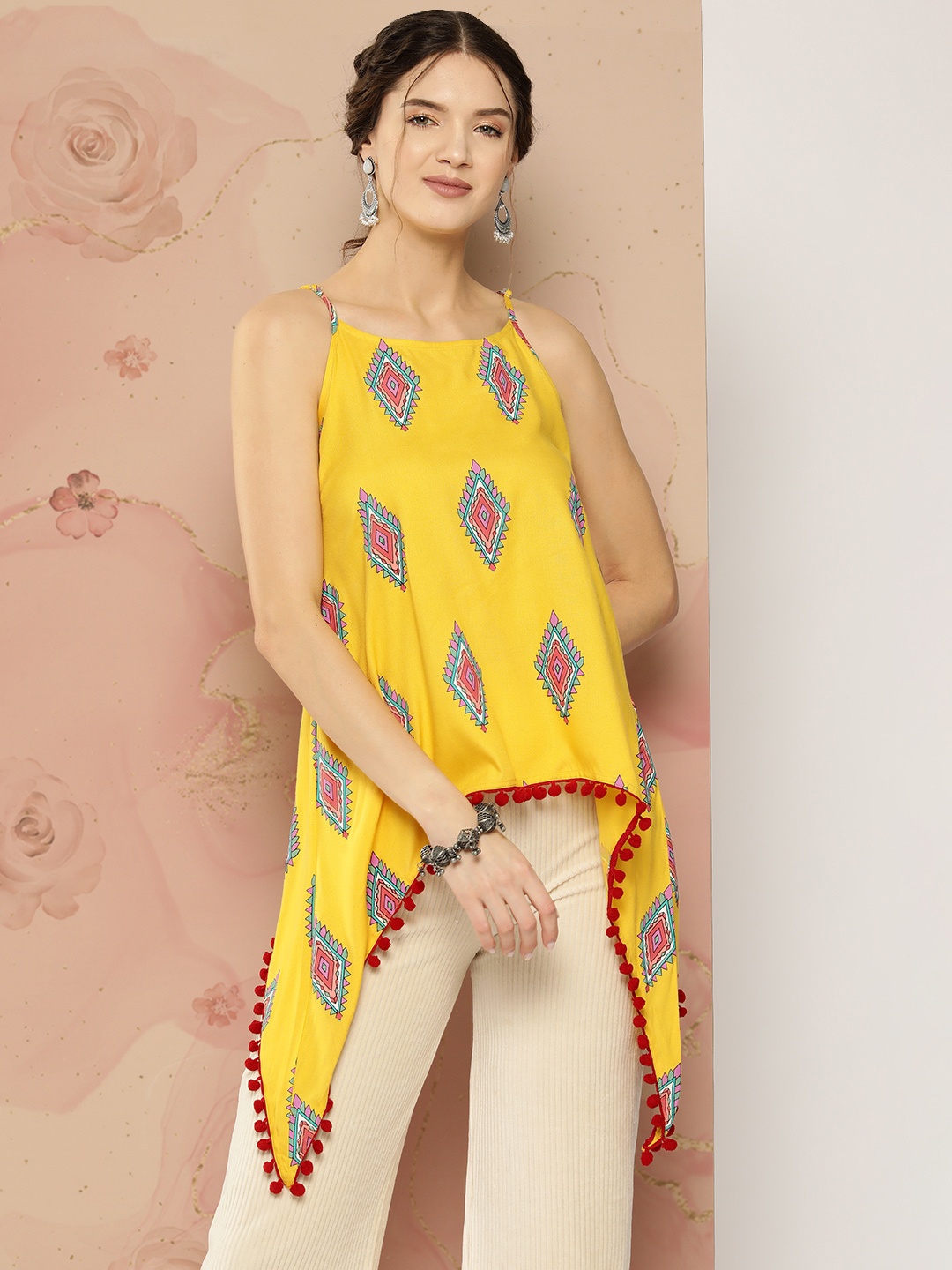 

Sangria Ethnic Print Shoulder Straps A-Line Fusion Top, Yellow